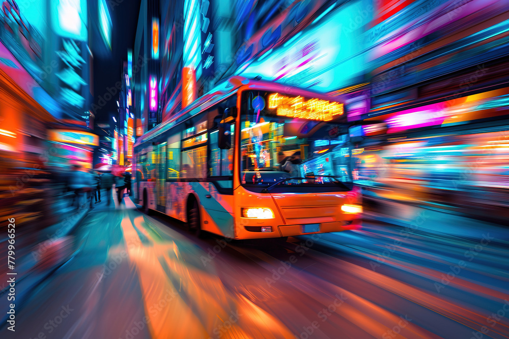 Blurred motion of a city bus at night with colorful neon lights.