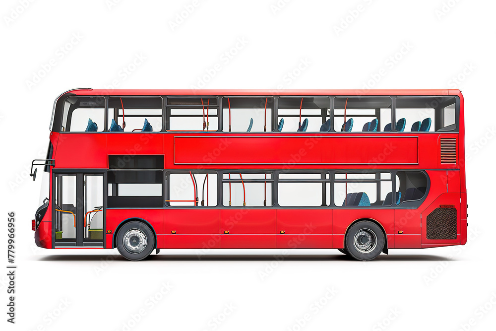 Side view of a red double-decker bus on a white background.
