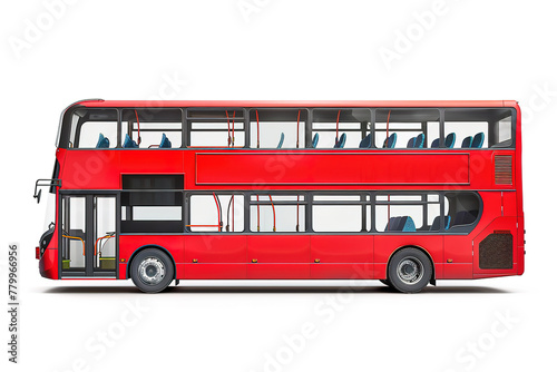 Side view of a red double-decker bus on a white background.