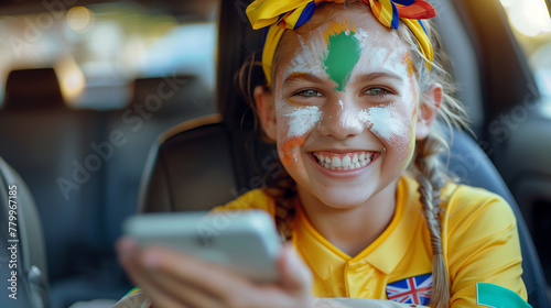 australian 12 year old girl sitting at the backseat wearing football jersey holding her smartphone very happy with face paint. photo