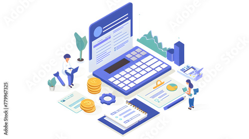 Isometric flat design concept of financial accounting, business analysis, planning, consulting, project management. Vector illustration.