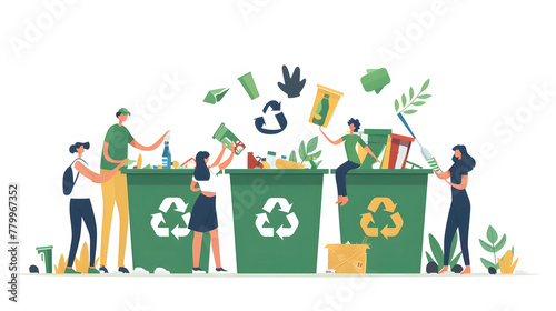 Vector illustration of people sorting garbage. Zero waste concept. Recycling, reuse and reduce.
