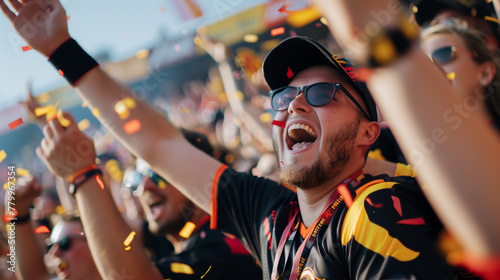 Enthusiastic spectators cheering for their favorite  soccer team from the stands of the football soccer stadium photo