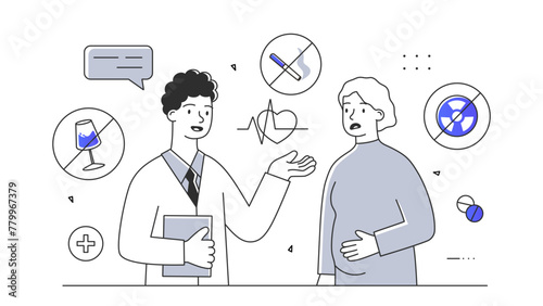 Pregnant woman with doctor simple. Man consultat give medical advices to expecting mother. Female reproductve system and fertility. Health care and medicine. Doodle flat vector illustration