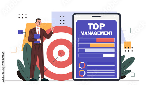 Top management concept. Businessman near bullseye with arrow. Businessman with graphs and diagrams, KPI of workers. Analyst conduct marketing research. Cartoon flat vector illustration