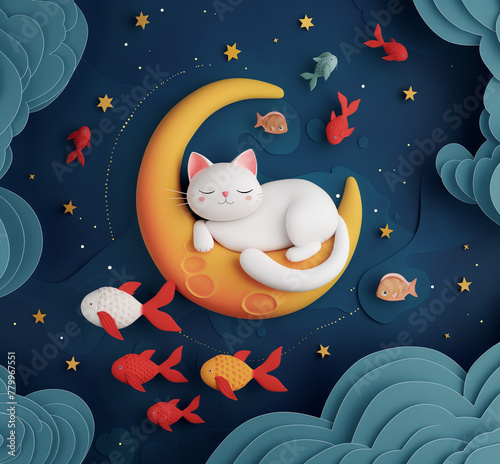White Cat Dreaming on Crescent Moon in 3D Art. Starry Slumber