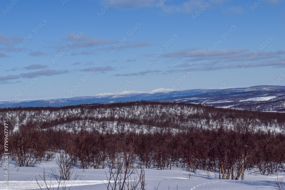 Aerial sunny winter view of Kiruna and Kirunavaara, Lapland, Norrbotten County, Sweden,