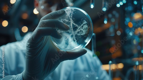 A scientist holding a petri dish containing DNA digital data storage,