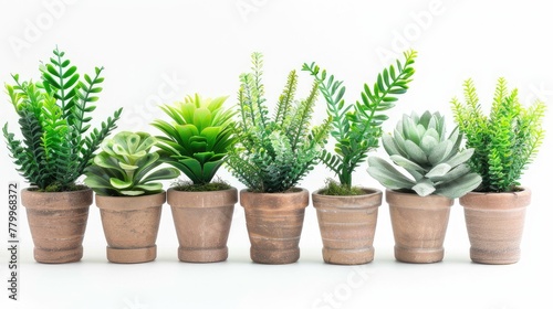 Botanical charm: Set of lifelike artificial plants in flower pots, perfect for adding greenery to any space. Isolated on white