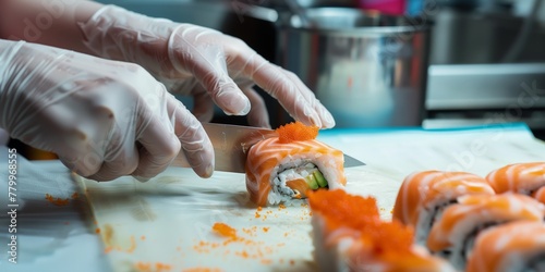 La precisión se encuentra con la tradición mientras manos hábiles cortan artísticamente un rollo de sushi, un ballet culinario de sabores frescos listos para ser saboreados. photo
