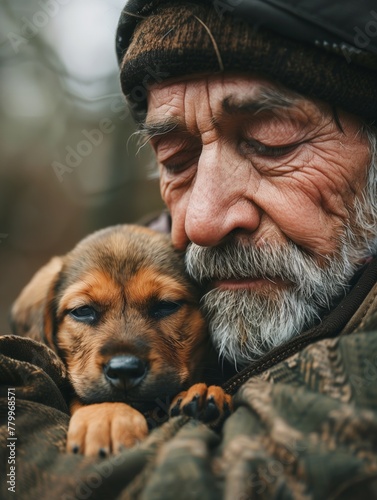 Se despliega una escena tierna mientras un hombre mayor comparte un momento de tranquila compañía con su leal cachorro, ambos encontrando consuelo en el lenguaje silencioso del afecto. photo