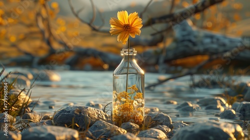 En una serena hora dorada, una sola flor en una botella resalta como símbolo de belleza preservada y un momento congelado en el tiempo frente al suave fluir del río. photo