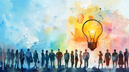 multi color background, silhouette of business people  teamwork communicating ideas, light bulb, illustration  copy space photo