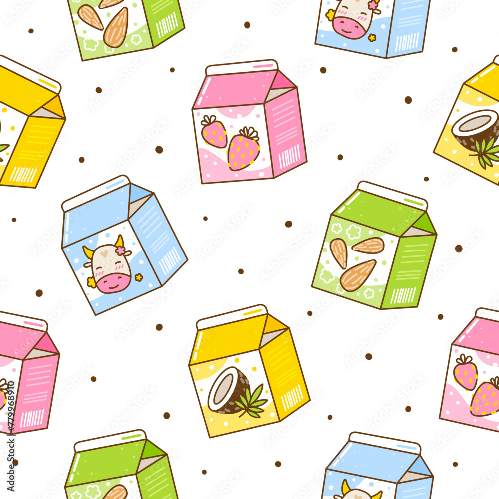 Seamless pattern with cute cartoon milk drinks on white background - cow, almond, coconut milk and yoghurts - obrazy, fototapety, plakaty 