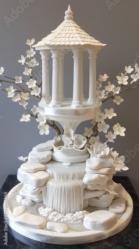 wishing well wedding cake, with pilars waterfalls photo