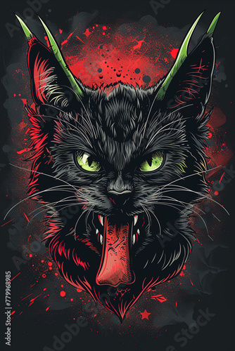 A demon cat with green eyes and horns