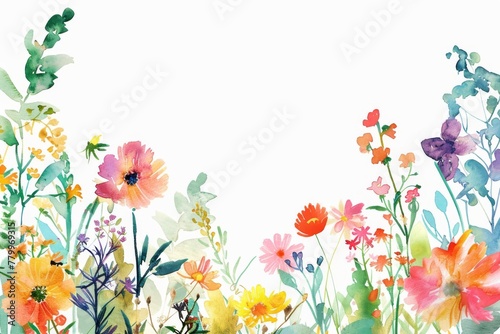Colorful watercolor wildflowers on white background. A delicate and vibrant array of watercolor wildflowers bloom across the scene, showcasing a variety of colors and forms on a pure white backdrop