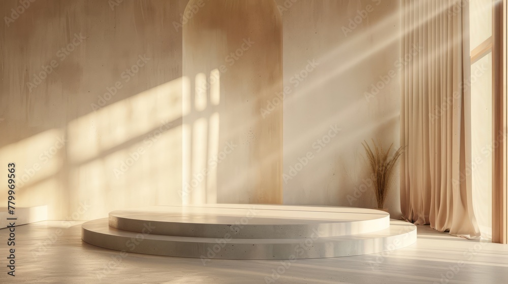 A tranquil archway, a decorative tree, and minimalist geometric shapes complement the sunlit modern display stage. A tranquil archway, a decorative tree, and minimalist geometric shapes complement the sunlit modern display stage.