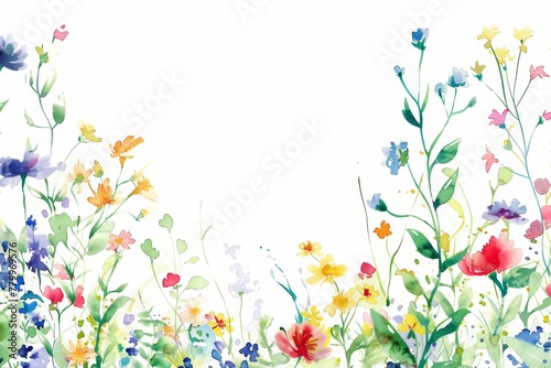 Colorful watercolor wildflowers on white background. A delicate and vibrant array of watercolor wildflowers bloom across the scene, showcasing a variety of colors and forms on a pure white backdrop