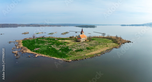 Musov Island in South Moravia, Czech Republic, with medieval Gothic saint Linhart (Leonard) church, now abandoned, after the village was flooded by the Nowe Mlyny (New Mills) dam lake in the eighties