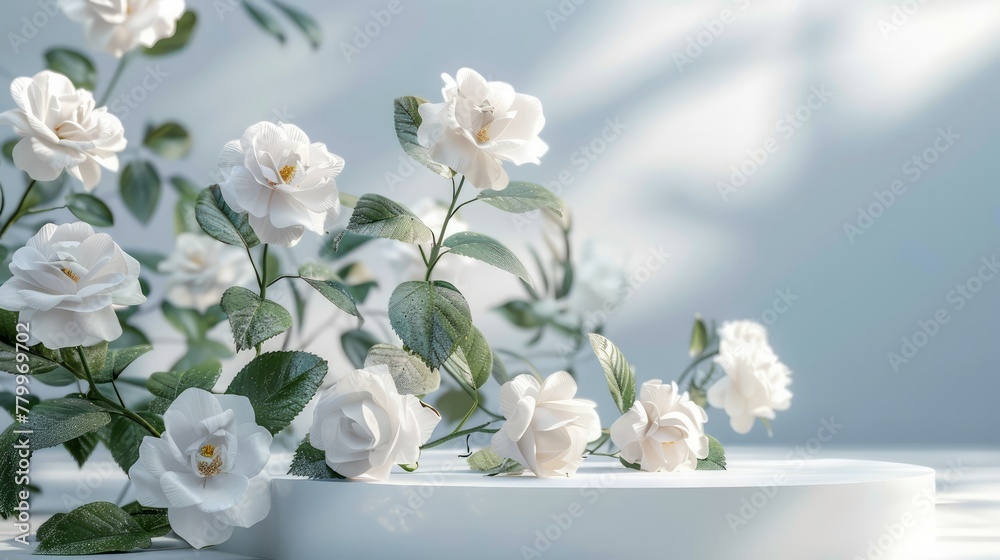 White Roses on Minimalist Display Platform White Roses on Minimalist Display Platform