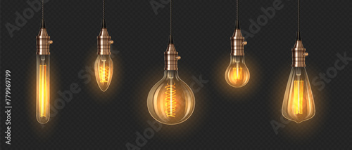Glowing incandescent lightbulbs 3d realistic vector illustration set. Bright illumination equipment design. Lamps on transparent background photo