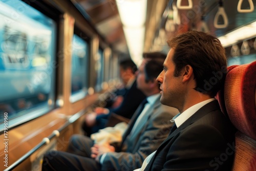 Contemplative Journey - Businessman on Train. A pensive businessman commutes by train, gazing through the window.