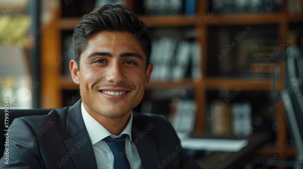 Confident Young Businessman Smiling in Modern Office Setting Confident Young Businessman Smiling in Modern Office Setting