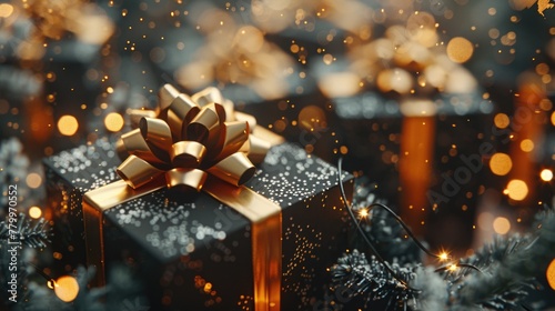 Festive Golden Gift Box with Sparkling Bokeh Lights