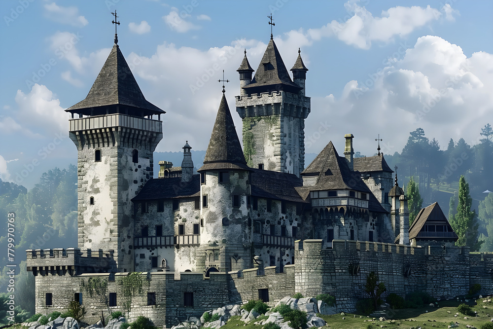 Showcasing classic medieval grandeur: A splendid fortified castle resting on a hilly terrain