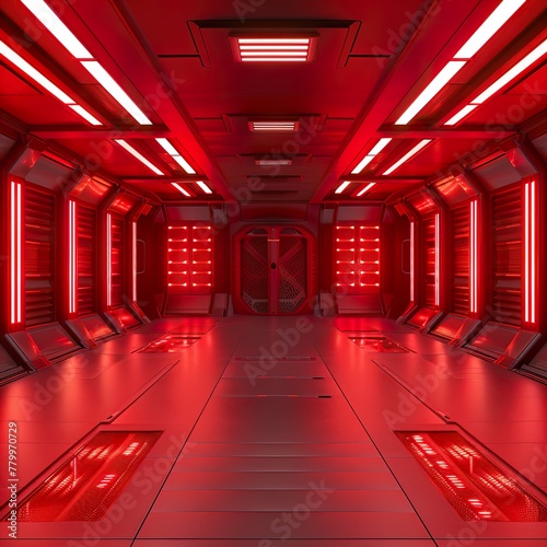 Empty light red studio room futuristic Sci Fi big hall room with lights red, Future background for design