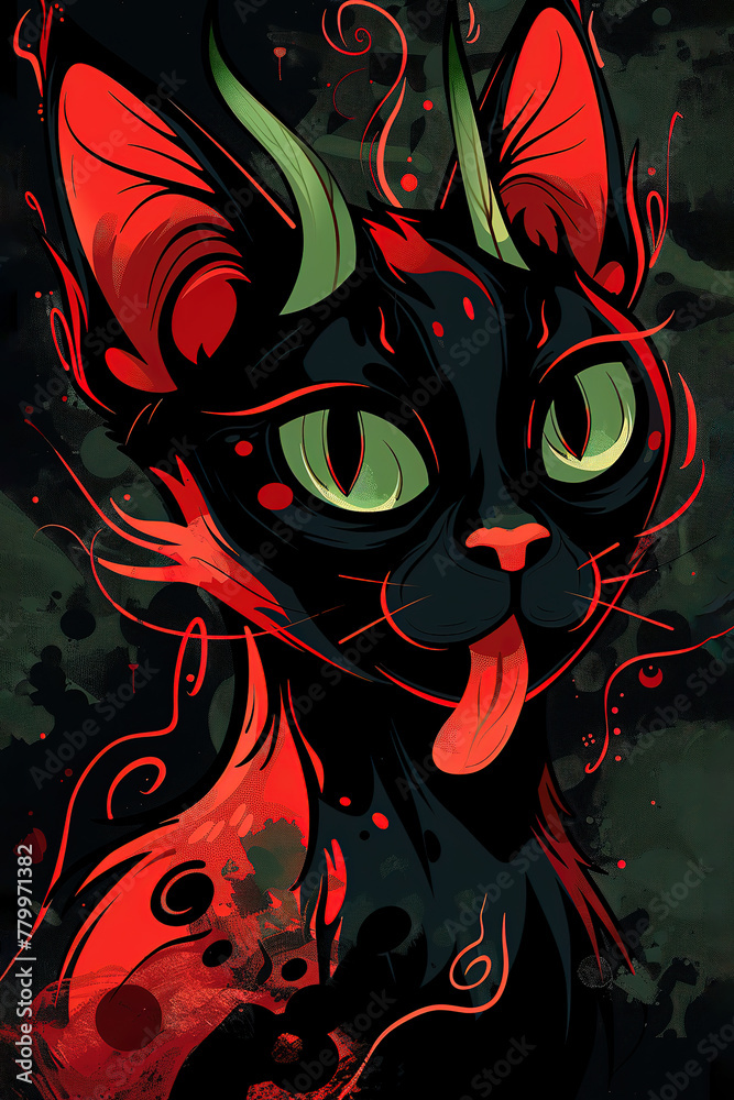 A demon cat with green eyes and horns A demon cat with green eyes and horns