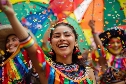 Joyful Celebration of Cinco de Mayo. A woman adorned with traditional Mexican attire and festive makeup smiling during Cinco de Mayo celebrations.