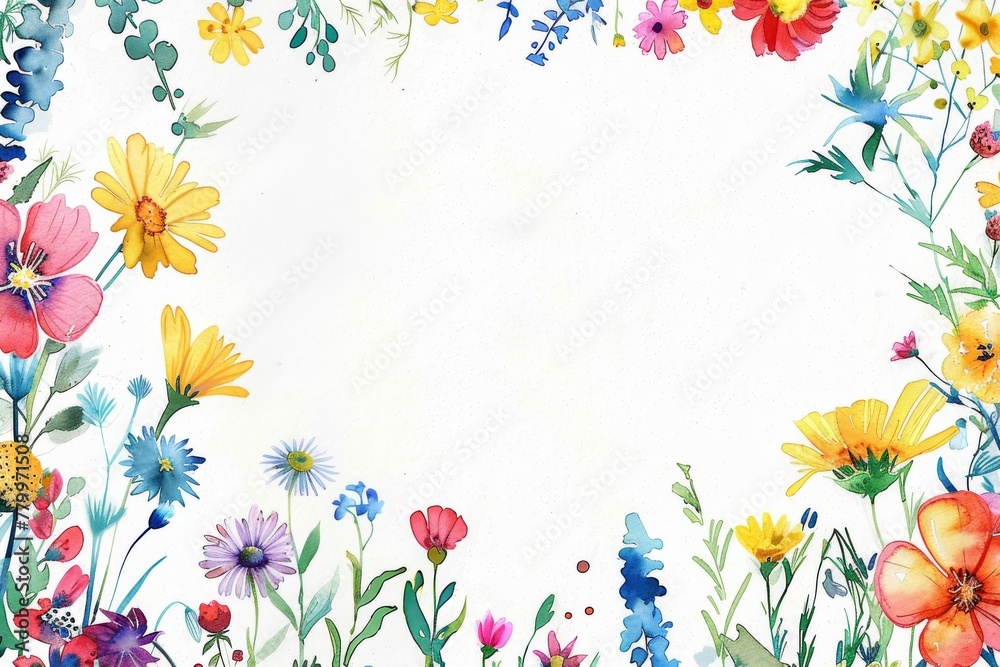 Colorful watercolor wildflowers on white background. A delicate and vibrant array of watercolor wildflowers bloom across the scene, showcasing a variety of colors and forms on a pure white backdrop
