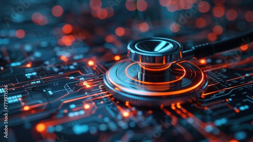 Cybersecurity Concept: Stethoscope on Digital Circuit Board photo