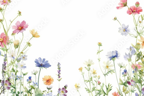 Colorful watercolor wildflowers on white background. A delicate and vibrant array of watercolor wildflowers bloom across the scene, showcasing a variety of colors and forms on a pure white backdrop © Mercedes