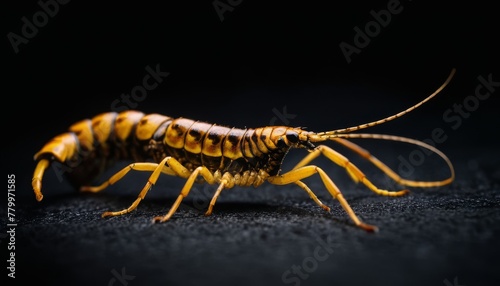 Ultra-close-up shot of a centipede on a dark surface, showcasing its segmented body and legs, perfect for nature documentaries.