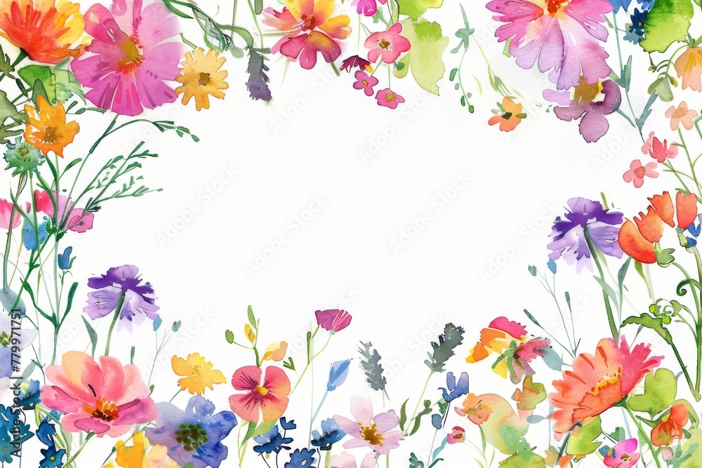 Colorful watercolor wildflowers on white background. A delicate and vibrant array of watercolor wildflowers bloom across the scene, showcasing a variety of colors and forms on a pure white backdrop