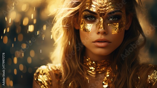Golden Makeup and Glittering Lights - Portrait of a Woman with Glamorous Style