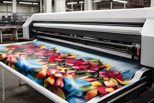 Large formate printing machine in operation industry generating large panaflex full of flowers,modern printing press photo