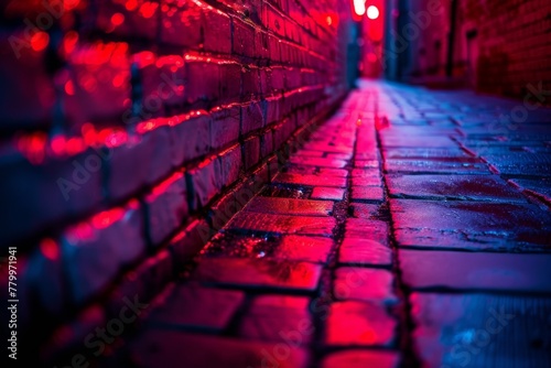 A brick wall with a pink hue and a blurry background. Neon lights. The wall appears to be wet and has a shiny, reflective surface. Scene is one of mystery and intrigue, as the blurry background © Yuliia