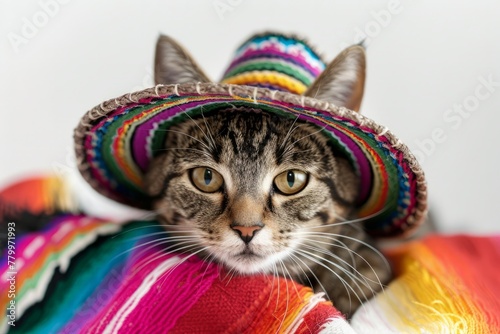 Mariachi Cat Fiesta. Tabby cat dressed in mariachi costume with a woven sombrero, against a white background © sderbane
