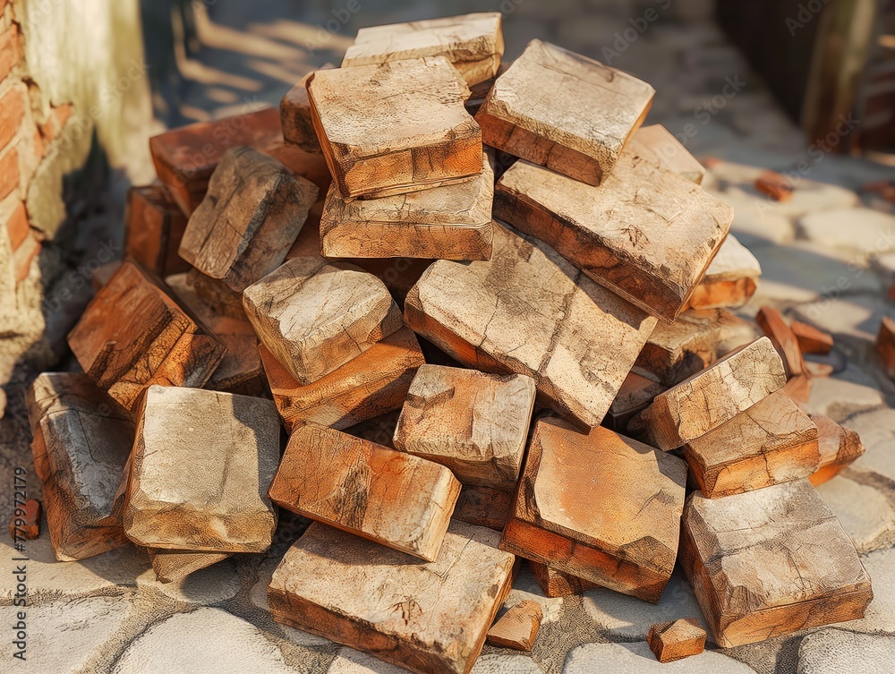 A pile of bricks is stacked on top of each other. The bricks are brown and appear to be old. The pile is large and takes up a significant portion of the image