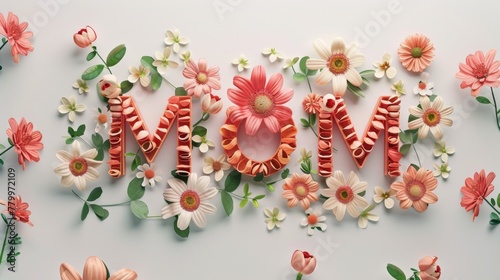 The word mom spelled out of flowers and leaves © Maria Starus