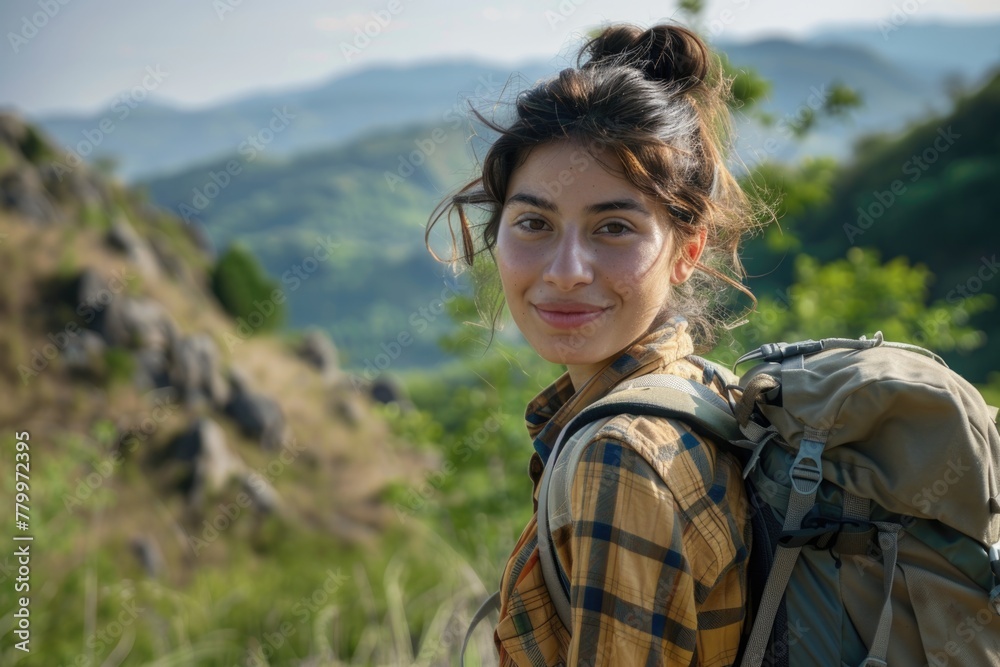 Portrait of a young woman hiking through the mountains