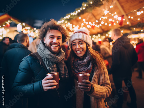 A happy couple standing at a Christmas market