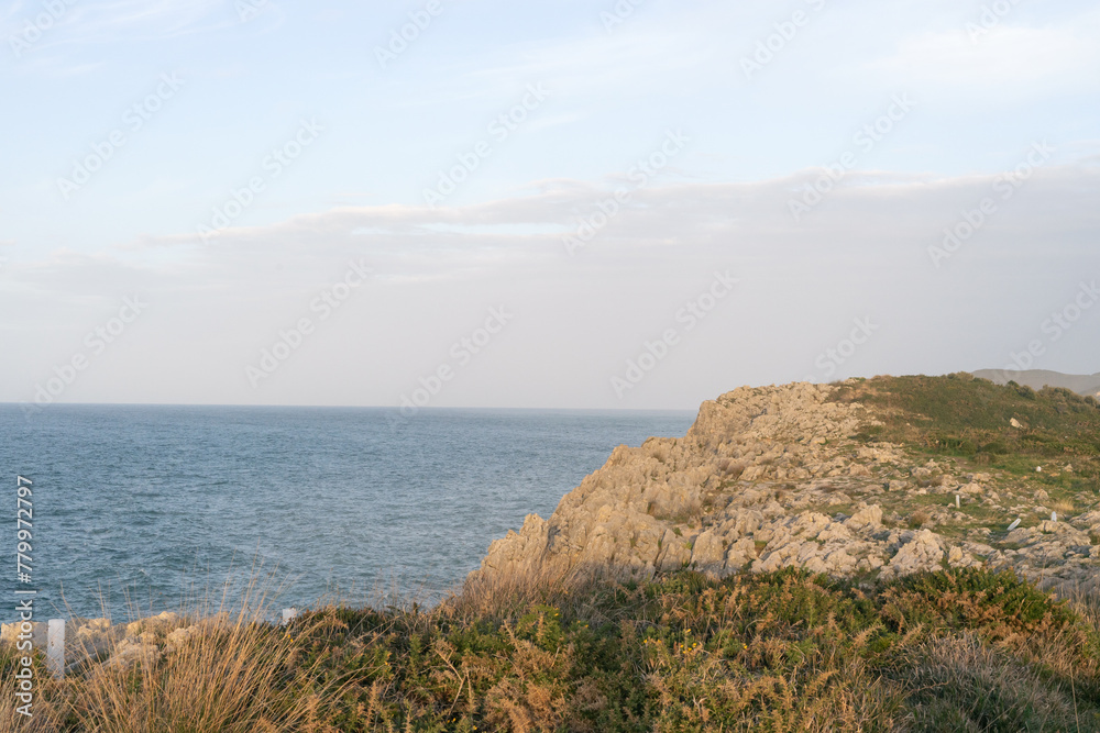 A rocky shoreline with a calm ocean in the background