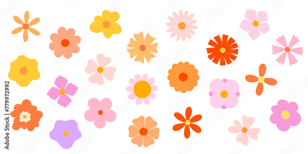Trendy floral icon illustration set. Playful style flowers on isolated background. Colorful and vibrant spring summer doodle collection.  Trendy floral icon 