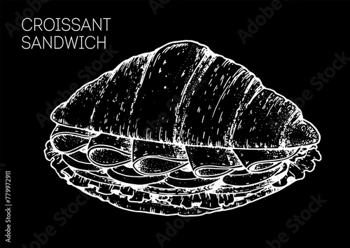 Croissant sandwich sketch. Hand drawn vector illustration.
