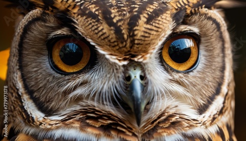 Close-up of an owl's face, highlighting its stunning amber eyes and intricate feather patterns, exemplifying nature's detailed artistry.